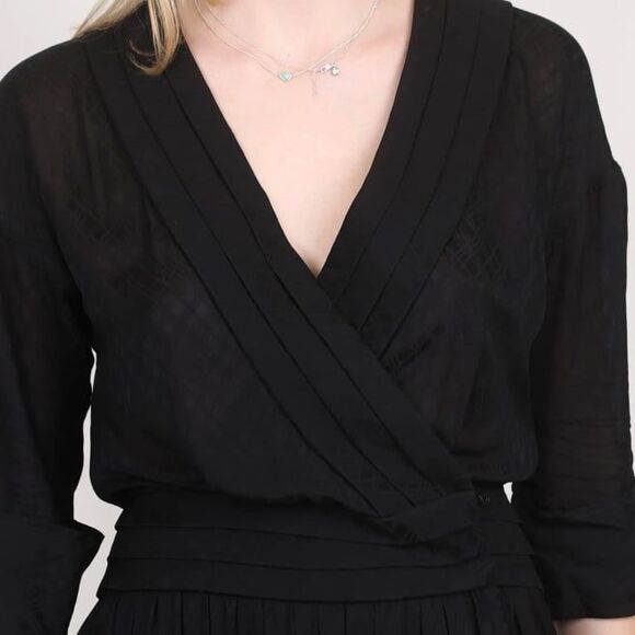 SANDRO wrap checked texture black flowy mini dress - Picture 2 of 8